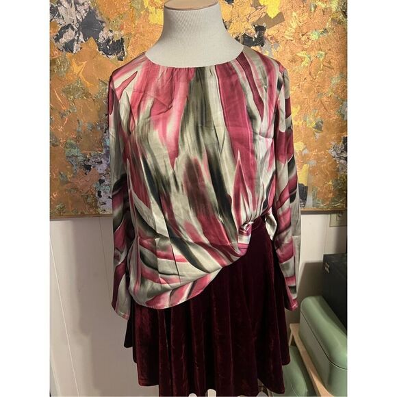 Vintage 80s Linea Women’s 1X Plus Mixed Print Blouse Top Satin - Picture 1 of 5
